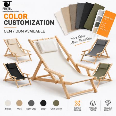 Folding Wooden Camping Chair – Adjustable Beach Reclining Lounge Chair with Armrests & Pillow 