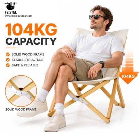 Folding Wood Camping Chair – 52×53×90cm Wooden Frame Seat, 4.2kg, 104kg Capacity 