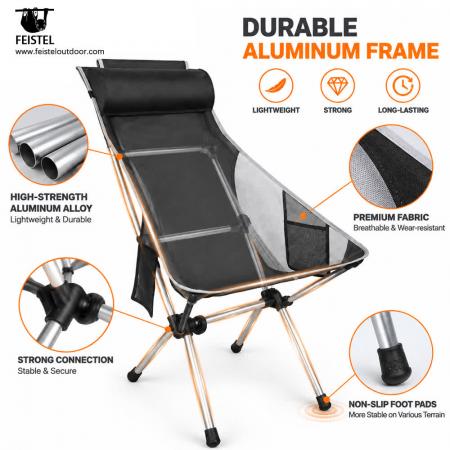 High Back Folding Camping Chair with Headrest – 1.5kg, 150kg Capacity & 17×6in Compact Pack 