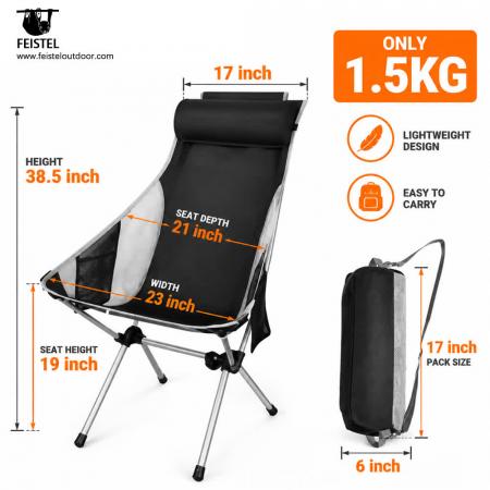 High Back Folding Camping Chair with Headrest – 1.5kg, 150kg Capacity & 17×6in Compact Pack 