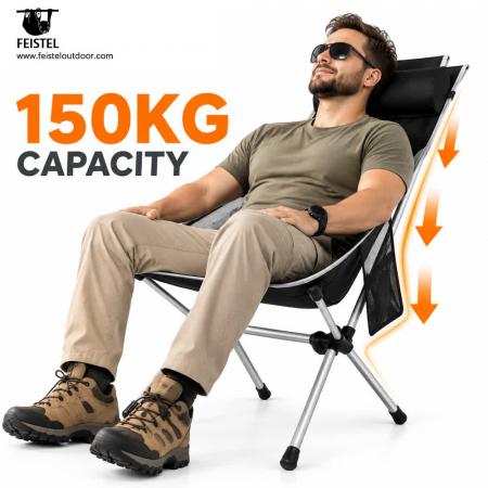 High Back Folding Camping Chair with Headrest – 1.5kg, 150kg Capacity & 17×6in Compact Pack 