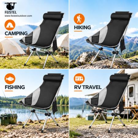 High Back Folding Camping Chair with Headrest – 1.5kg, 150kg Capacity & 17×6in Compact Pack 