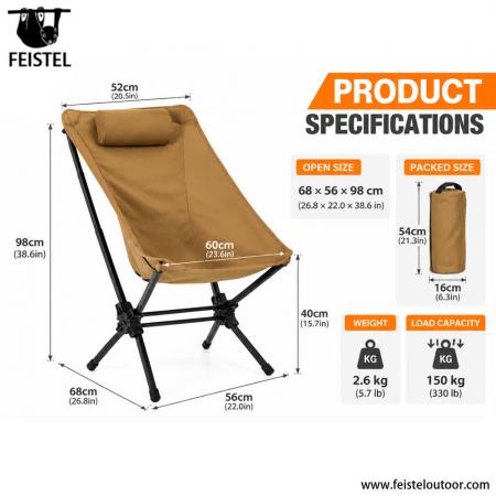 High Back Folding Camping Chair with Backrest – 7075 Aluminum, 2.6kg, 48×16cm Compact Pack 