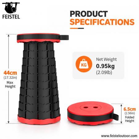 Adjustable Height Telescopic Camping Stool – 44cm Extended Height, 180kg Capacity, 0.95kg Portable Folding Seat 