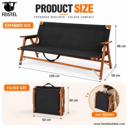 Two Person Camping Chair – 116cm Wide Beech Wood Folding Camping Loveseat, 250kg Capacity 