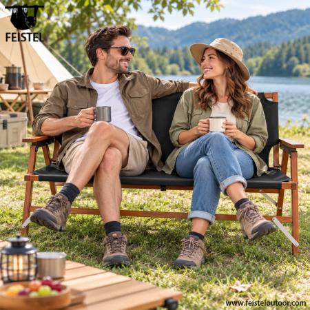 Two Person Camping Chair – 116cm Wide Beech Wood Folding Camping Loveseat, 250kg Capacity 