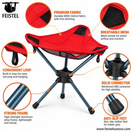 Red Camping Chair – Lightweight 360° Swivel Folding Camping Stool, 600D Oxford Style Seat 