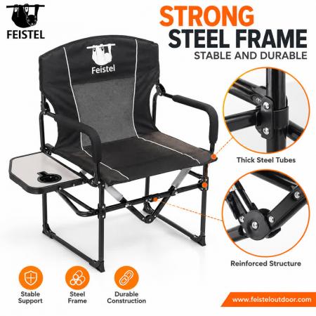 Folding Camping Chair with Side Table – 600D Oxford Heavy Duty Director Chair, 150kg Capacity 