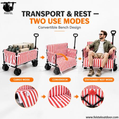 150L Heavy Duty Camping Wagon – Foldable Steel Cart with Seat-Convertible Design & 7in Wide Wheels 
