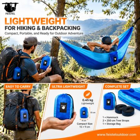 300×200cm Nylon Hammock – 2 Person 210T Parachute Camping Hammock with Straps & Carry Bag 