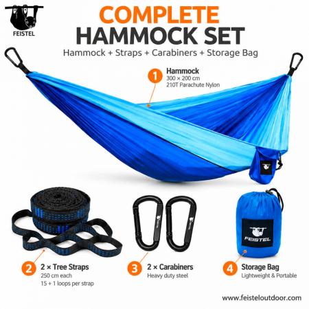 300×200cm Nylon Hammock – 2 Person 210T Parachute Camping Hammock with Straps & Carry Bag 