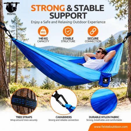300×200cm Nylon Hammock – 2 Person 210T Parachute Camping Hammock with Straps & Carry Bag 