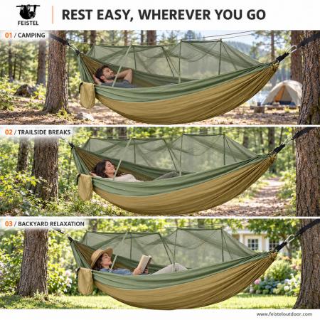 300×200cm Double Camping Hammock with Mosquito Net – 210T Nylon, 300kg Capacity, Tree Straps & Carabiners 