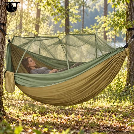 300×200cm Double Camping Hammock with Mosquito Net – 210T Nylon, 300kg Capacity, Tree Straps & Carabiners 