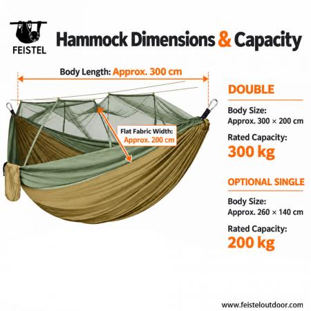300×200cm Double Camping Hammock with Mosquito Net – 210T Nylon, 300kg Capacity, Tree Straps & Carabiners 