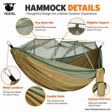 300×200cm Double Camping Hammock with Mosquito Net – 210T Nylon, 300kg Capacity, Tree Straps & Carabiners 