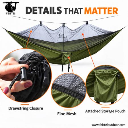 260×140cm Camping Hammock with Mosquito Net – 0.6kg 210T Nylon Backpacking Hammock, 300kg Rated Load 
