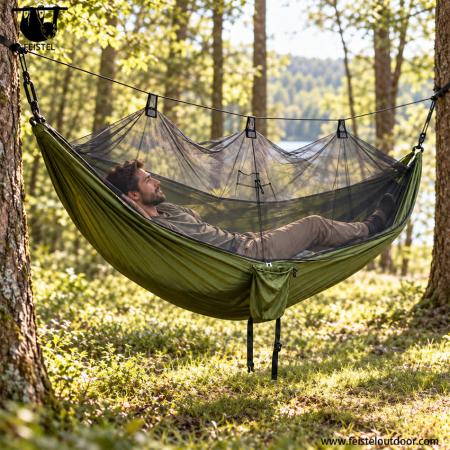 260×140cm Camping Hammock with Mosquito Net – 0.6kg 210T Nylon Backpacking Hammock, 300kg Rated Load 