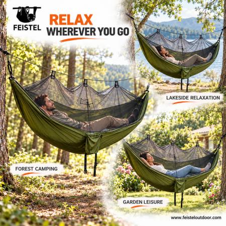 260×140cm Camping Hammock with Mosquito Net – 0.6kg 210T Nylon Backpacking Hammock, 300kg Rated Load 