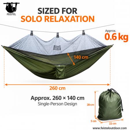 260×140cm Camping Hammock with Mosquito Net – 0.6kg 210T Nylon Backpacking Hammock, 300kg Rated Load 