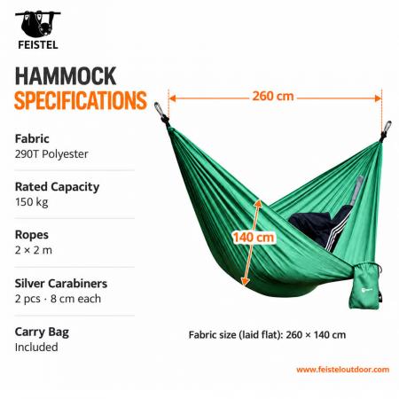 Portable Camping Hammock – 260 × 140 cm 290T Polyester, 150 kg Capacity with Ropes & Carabiners 