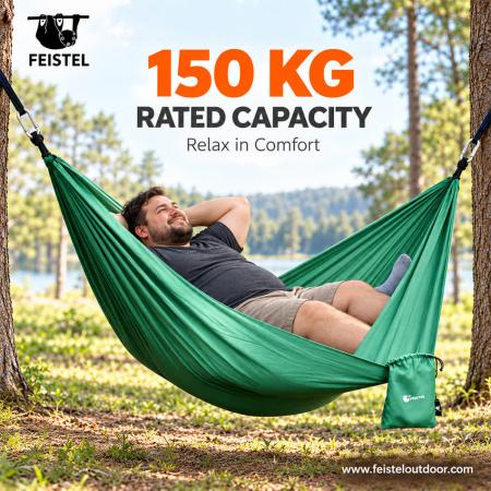 Portable Camping Hammock – 260 × 140 cm 290T Polyester, 150 kg Capacity with Ropes & Carabiners 