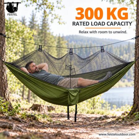 260×140cm Camping Hammock with Mosquito Net – 0.6kg 210T Nylon Backpacking Hammock, 300kg Rated Load 