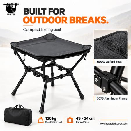 Portable Folding Stool – 2-in-1 Aluminum Camping Stool & Side Table, 1.45kg Lightweight, 120kg Capacity 
