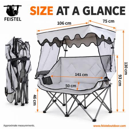 Double Camping Chair with Canopy – 600D Oxford Two-Person Folding Loveseat, Steel Frame, 141×50×93cm 