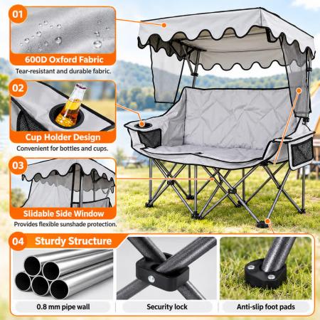 Double Camping Chair with Canopy – 600D Oxford Two-Person Folding Loveseat, Steel Frame, 141×50×93cm 