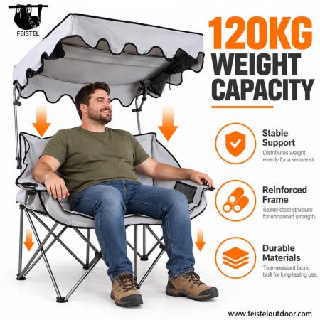 Double Camping Chair with Canopy – 600D Oxford Two-Person Folding Loveseat, Steel Frame, 141×50×93cm 