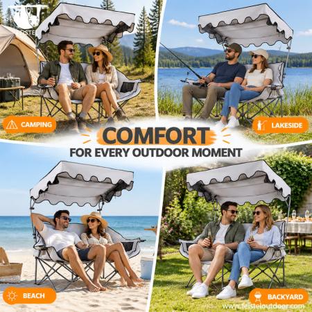Double Camping Chair with Canopy – 600D Oxford Two-Person Folding Loveseat, Steel Frame, 141×50×93cm 