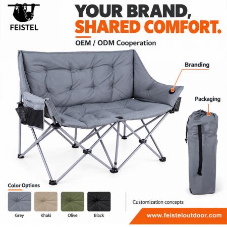 Padded Double Camping Chair – Oversized Heated Folding Loveseat, 116cm Wide, Steel Frame 