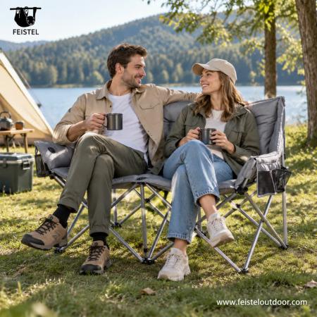 Padded Double Camping Chair – Oversized Heated Folding Loveseat, 116cm Wide, Steel Frame 