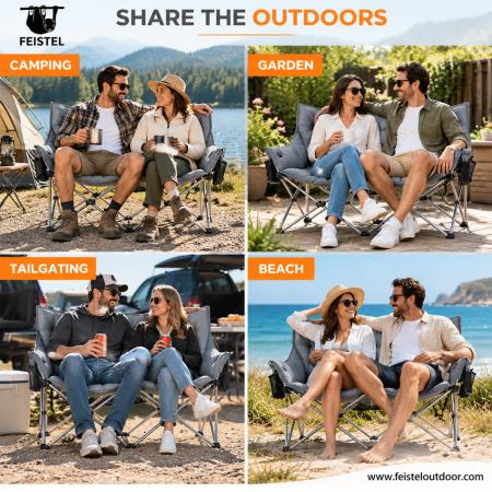 Padded Double Camping Chair – Oversized Heated Folding Loveseat, 116cm Wide, Steel Frame 