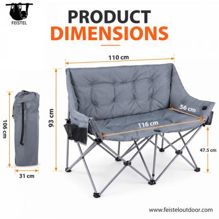 Padded Double Camping Chair – Oversized Heated Folding Loveseat, 116cm Wide, Steel Frame 
