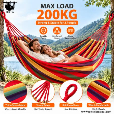Large Double Canvas Hammock – 200×150cm Cotton-Polyester Blend, 200kg Capacity 
