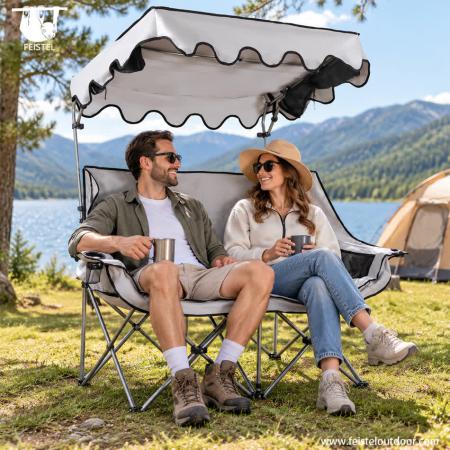 Double Camping Chair with Canopy – 600D Oxford Two-Person Folding Loveseat, Steel Frame, 141×50×93cm 