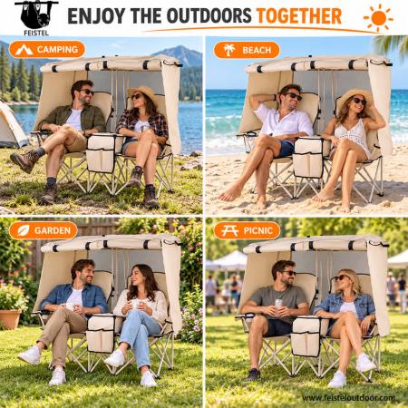 Double Folding Camping Chair with Canopy & Table – 600D Oxford Steel Frame, 107×50×133cm 