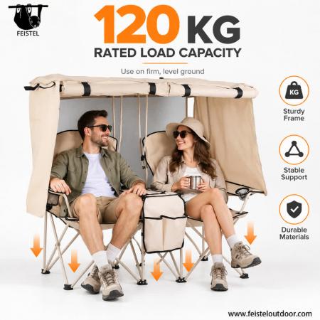 Double Folding Camping Chair with Canopy & Table – 600D Oxford Steel Frame, 107×50×133cm 