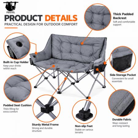 Padded Double Camping Chair – Oversized Heated Folding Loveseat, 116cm Wide, Steel Frame 