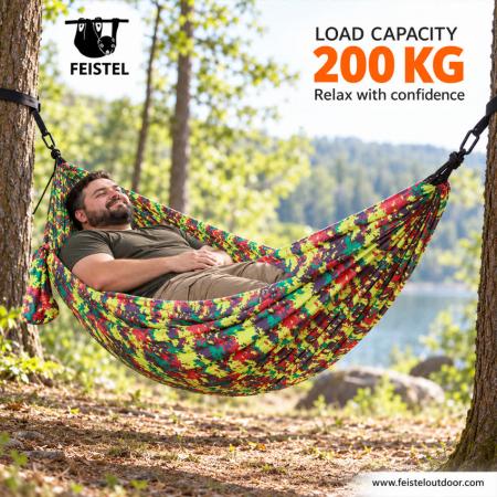 Custom Printed Camping Hammock – 300×200cm 210T 70D Nylon, DWR Finish, 200kg Capacity 