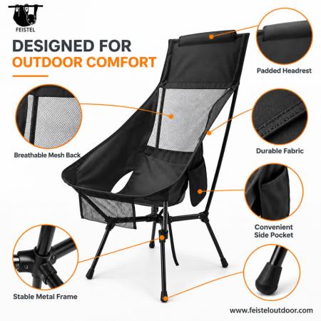 High Back Folding Camping Chair – 7075 Aluminum, Breathable Mesh, 2.13kg Lightweight, 150kg Capacity 