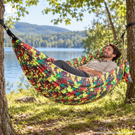 Custom Printed Camping Hammock – 300×200cm 210T 70D Nylon, DWR Finish, 200kg Capacity 