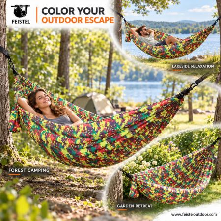 Custom Printed Camping Hammock – 300×200cm 210T 70D Nylon, DWR Finish, 200kg Capacity 
