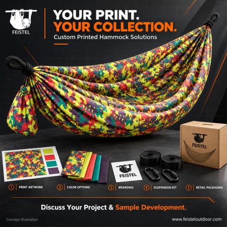 Custom Printed Camping Hammock – 300×200cm 210T 70D Nylon, DWR Finish, 200kg Capacity 