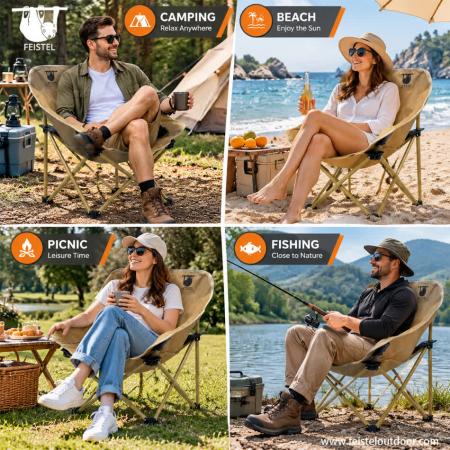 Padded Folding Camping Moon Chair – 1.63kg Carbon Steel & Oxford Fabric, 150kg Capacity 