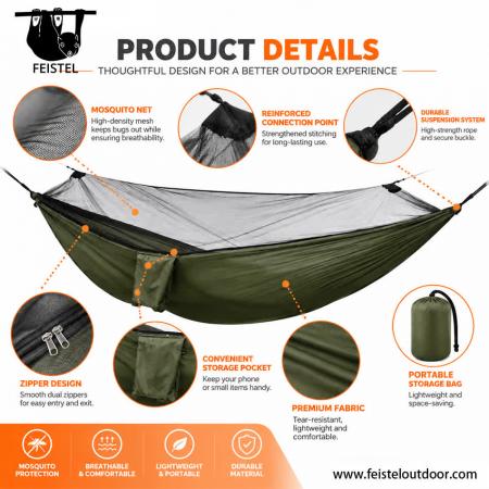 Nylon Camping Mosquito Hammock – 280×140cm 210T Fabric, 780g, 200kg Capacity & Hanging Kit 