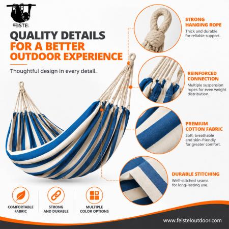 Portable Beach Hammock – 200×80cm Single Spreader Bar Hammock, 320gsm Cotton Blend, 100kg Capacity 