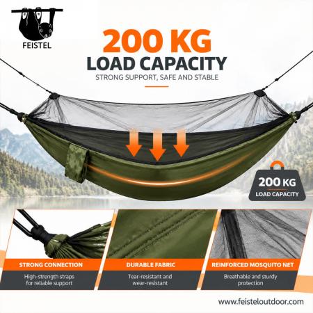 Nylon Camping Mosquito Hammock – 280×140cm 210T Fabric, 780g, 200kg Capacity & Hanging Kit 